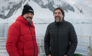 Brothers, actors and Antarctic ambassadors Carlos and Javier Bardem on the heli deck of Greenpeace ship the Arctic Sunrise off the coast of Brabant Island in Palmer Archipelago, Antarctic. Greenpeace is conducting submarine-based research of the seafloor to identify Vulnerable Marine Ecosystems, which will strengthen the case for the largest protected area on the planet, an Antarctic Ocean Sanctuary.